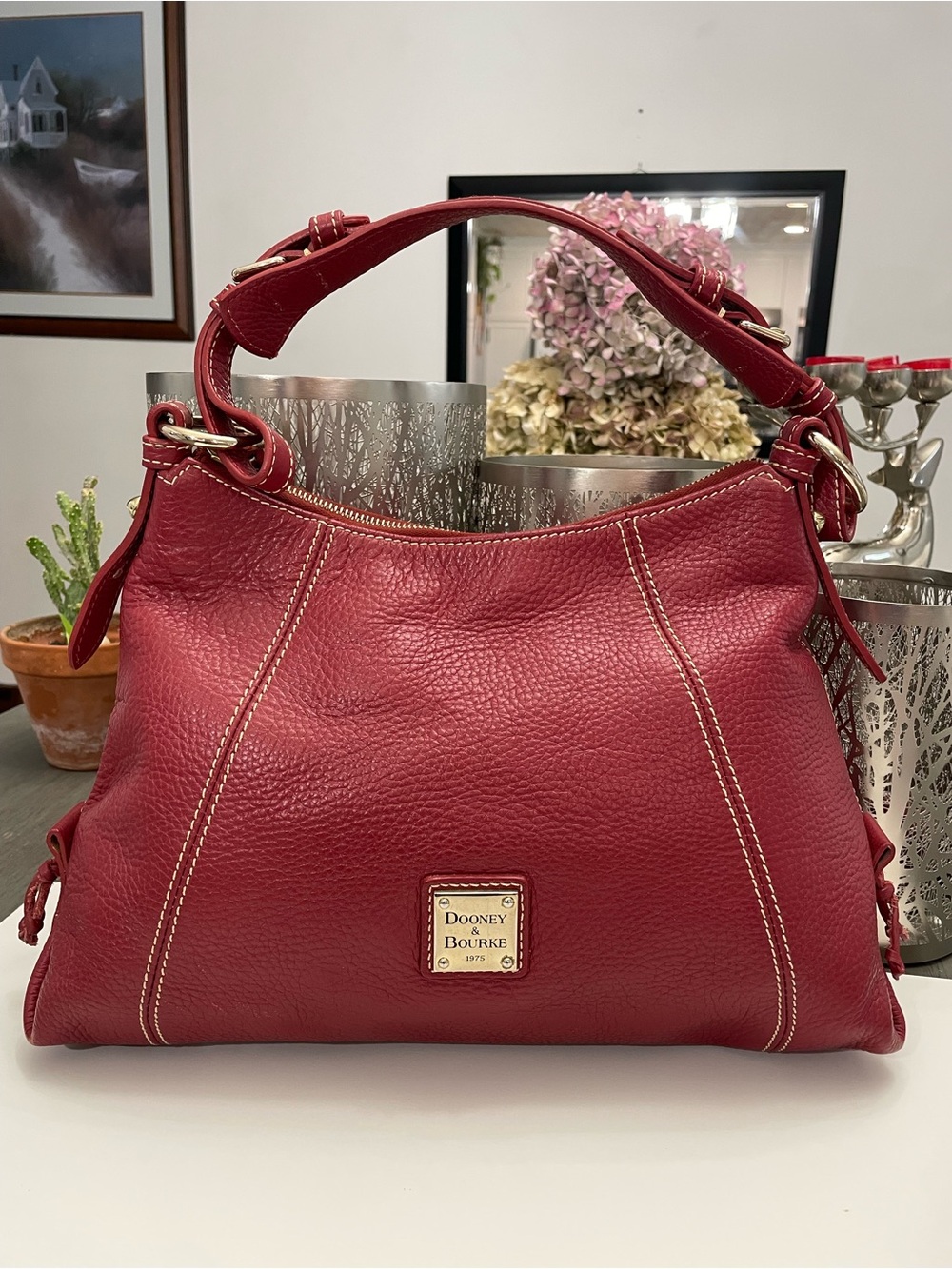 Dooney & Bourke Red Pebbled Leather Shoulder Bag with Gold Hardware